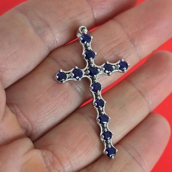 925 Sterling Silver Pendant Cross 2.5x4cm with Natural Sapphire Gem - Picture 1 of 7